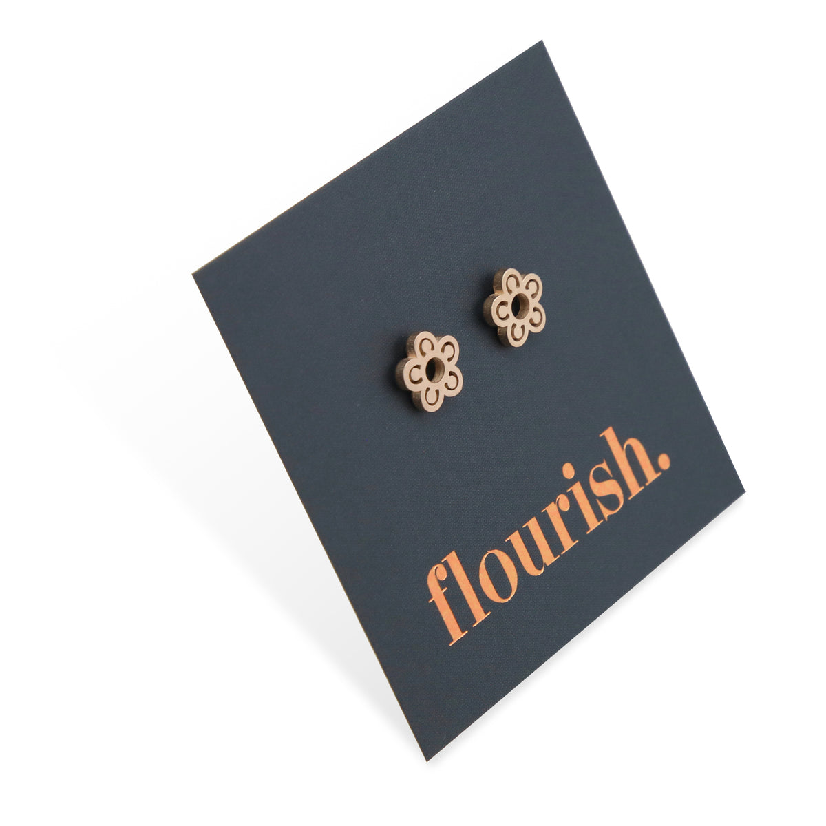 Flower Power studs in rose gold stainless steel on a foil flourish card.