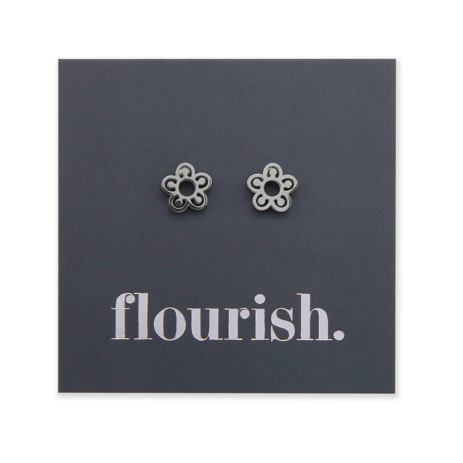 Flower Power stainless steel studs in rose gold, silver, black, gold on a foil flourish card.