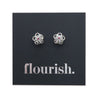 Silver Floral sterling silver stud with cubic zirconia & Pink Crystal on a foil Flourish card