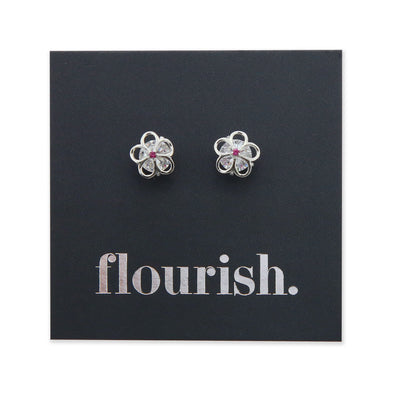 Silver Floral sterling silver stud with cubic zirconia & Pink Crystal on a foil Flourish card