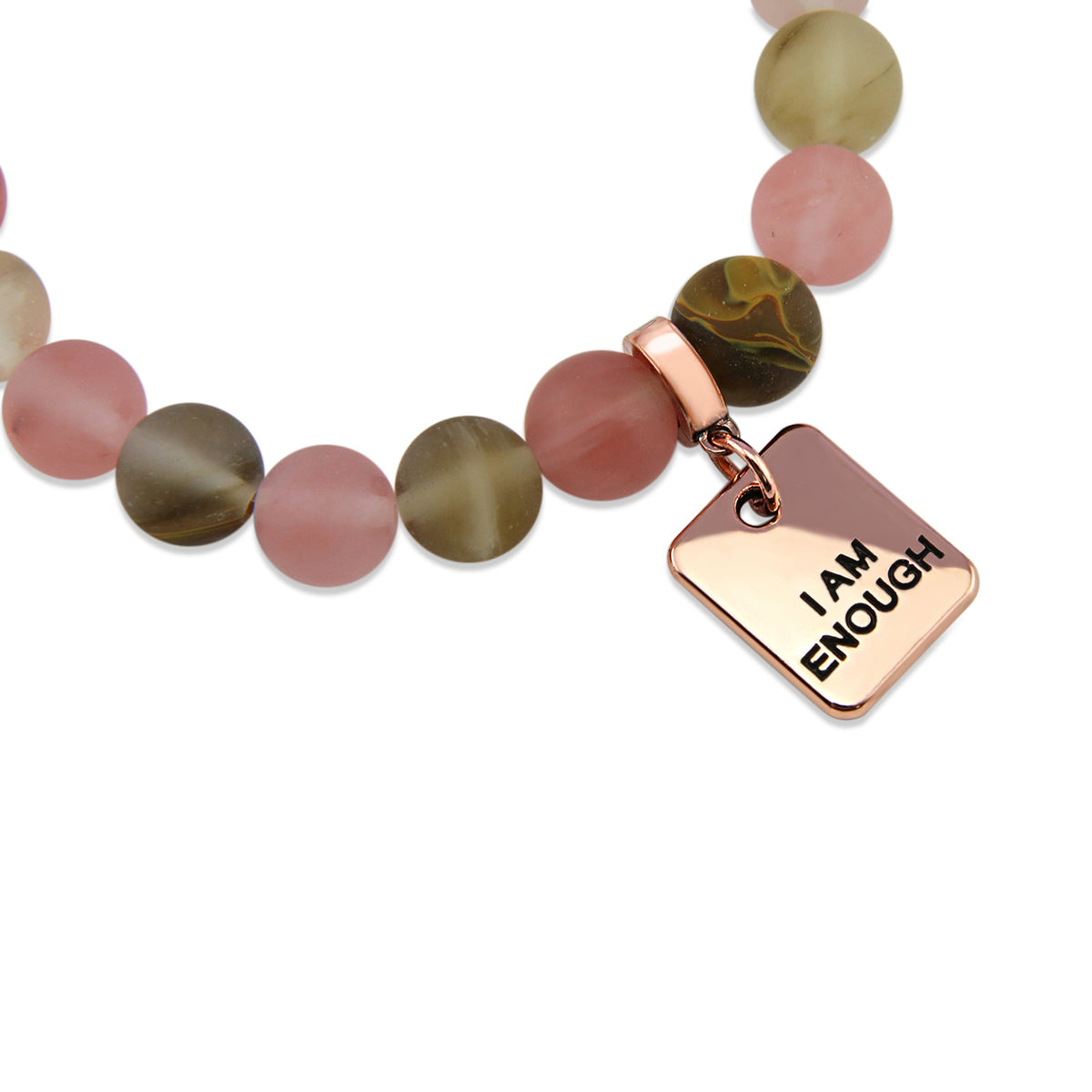 frosted bead bracelet with I am enough charm in rose gold
