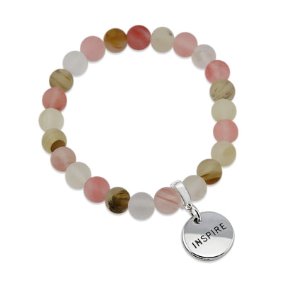 Stone Bracelet - Frosted Watermelon & Tigerskin 8mm Beads - With Silver Word Charms