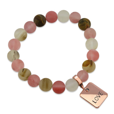 Stone Bracelet - Frosted Watermelon & Tigerskin 10mm Beads- With Rose Gold Word Charms