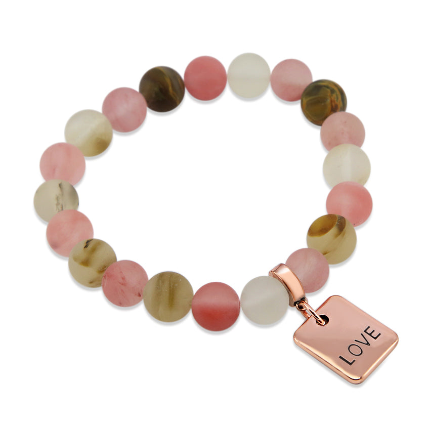 frosted bead bracelet with love charm in rose gold