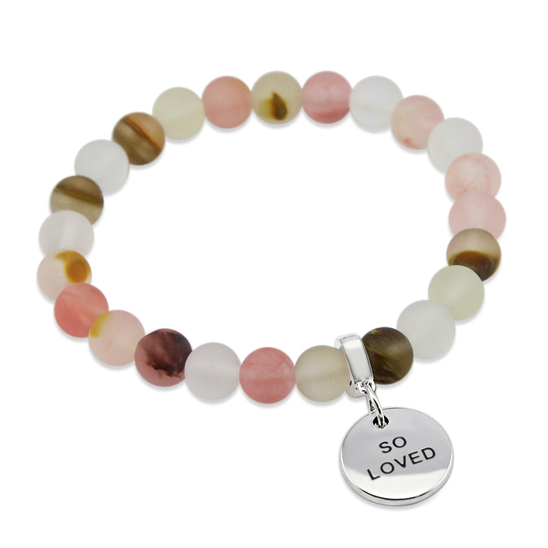 Stone Bracelet - Frosted Watermelon & Tigerskin 8mm Beads - With Silver Word Charms