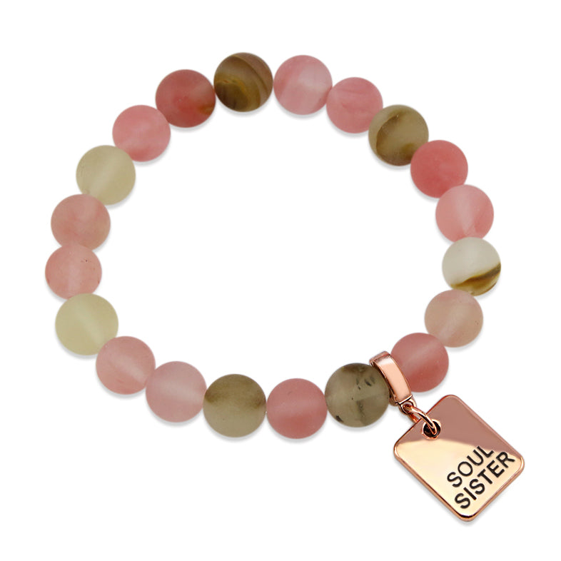 Stone Bracelet - Frosted Watermelon & Tigerskin 10mm Beads- With Rose Gold Word Charms