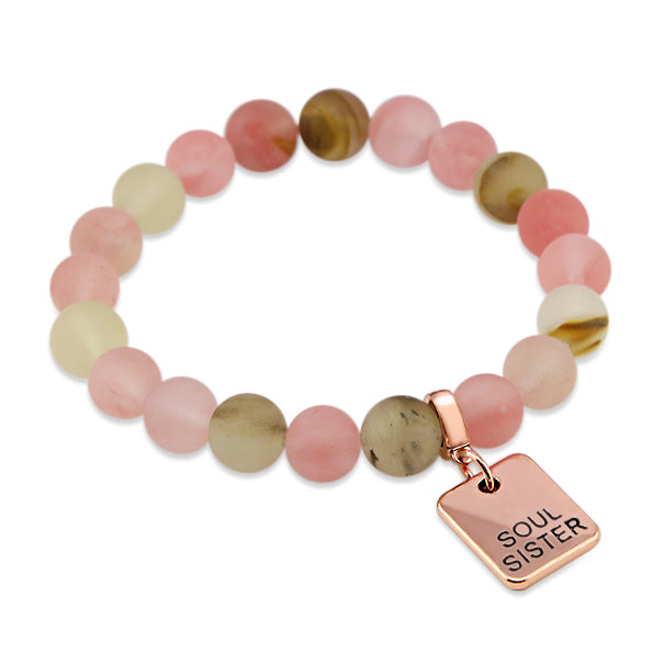 frosted bead bracelet with soul sistercharm in rose gold