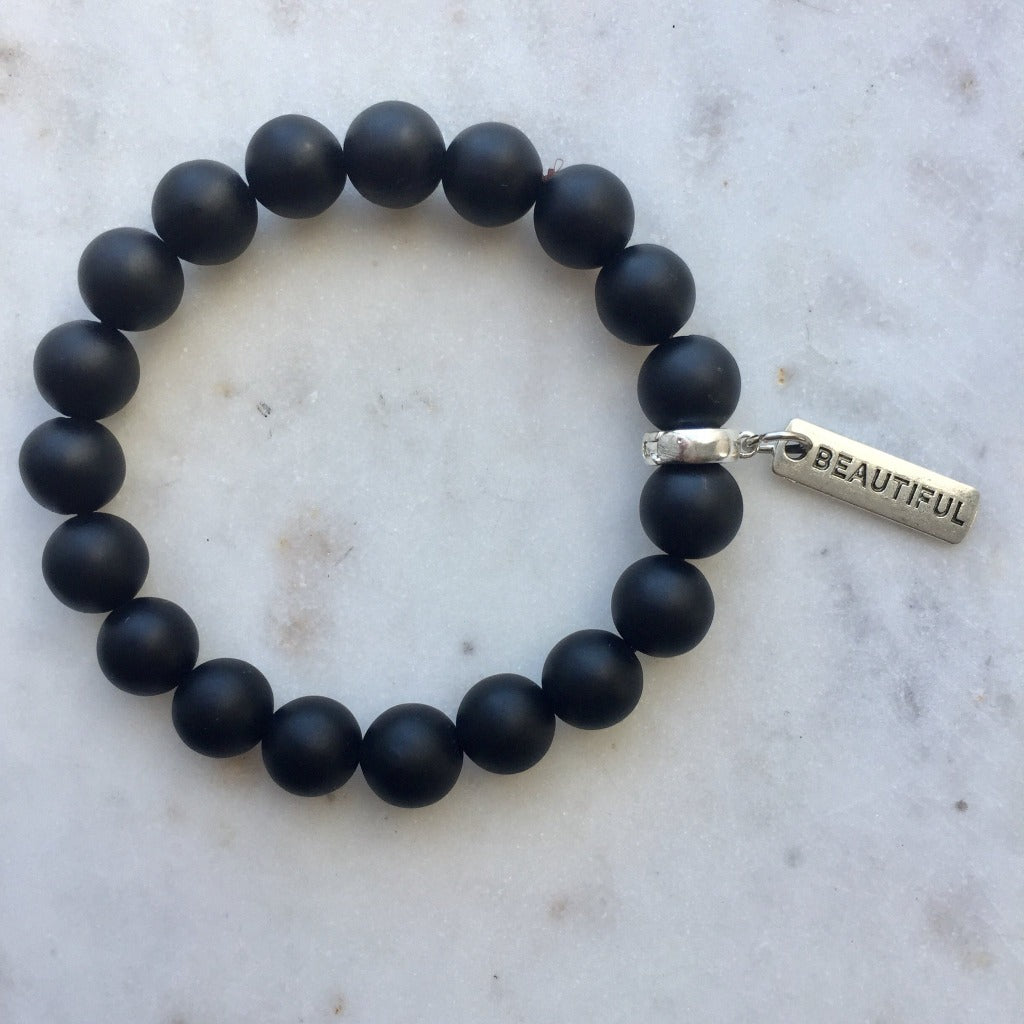 Stone Bracelet - Matt Black Onyx Large 10mm Beads - with Word Charms