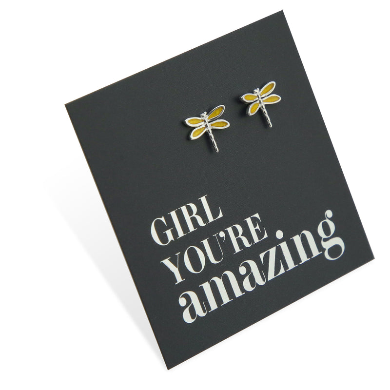 Yellow Dragonfly Studs - Sterling Silver - Girl You're Amazing (2407-F)