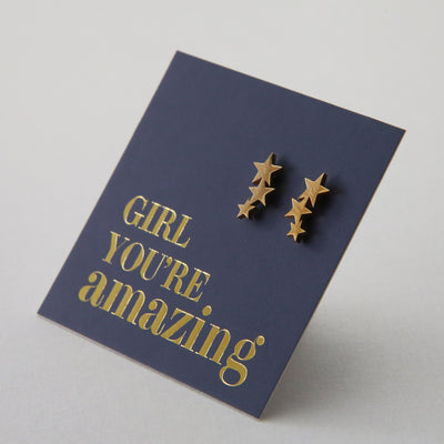 Stainless Steel Earrings. Hypoallergenic studs in Rose Gold, Silver, Black & Gold. Star shaped. Beautiful Gifts by Sister and Soul. Foil Foil feature gift card Girl you are amazing.