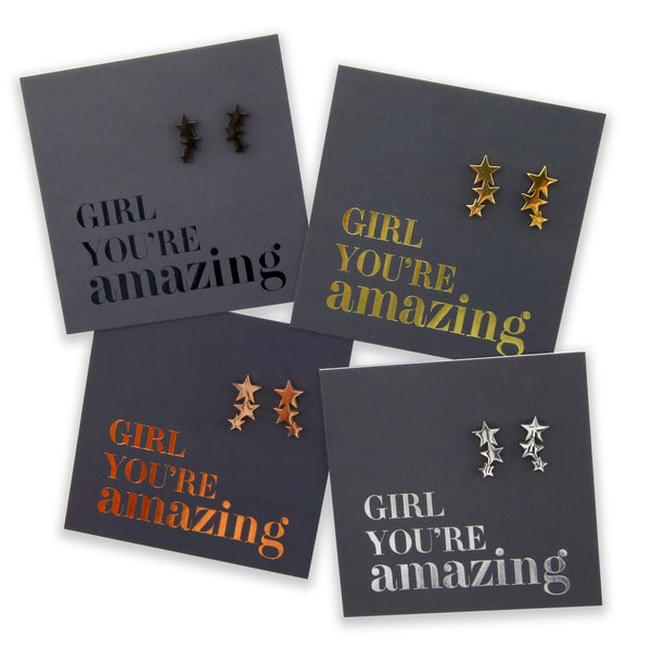 Stainless Steel Earrings. Hypoallergenic studs in Rose Gold, Silver, Black & Gold. Star shaped. Beautiful Gifts by Sister and Soul. Foil Foil feature gift card Girl you are amazing.