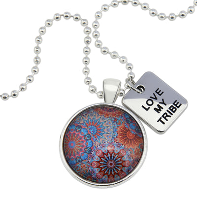 Blue, orange and red pattern print pendant necklace with bright silver ball chain and Love My Tribe word charm.
