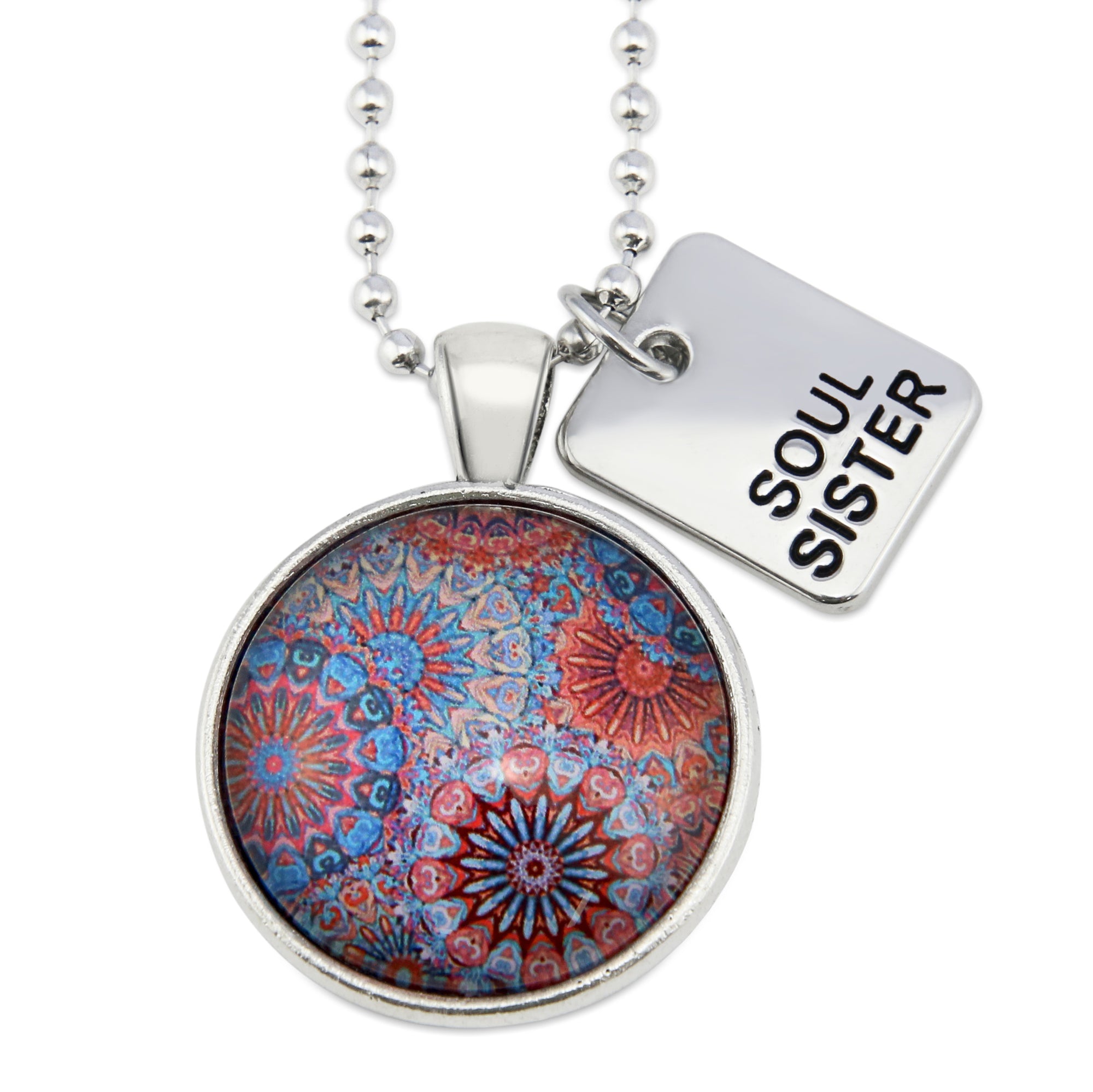 Blue, red and orange patterned print pendant necklace in vintage silver with ball chain and Soul Sister word charm.