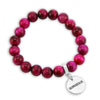 Precious Stone Bracelet - Bright Fuchsia Tigers Eye 10mm Beads - with Silver Word Charms