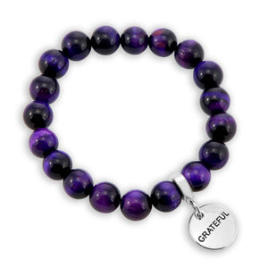 Precious Stone Bracelets - Deep Purple Tigers Eye 10mm Beads - with Silver Word Charms