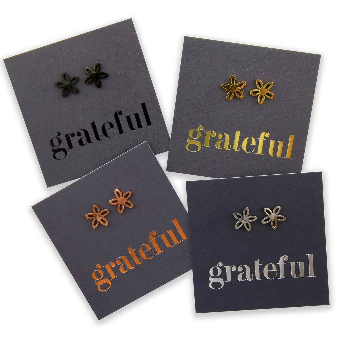 Stainless Steel Geo flower shape earrings. Hypoallergenic studs in Rose Gold, Silver, Black & Gold. Star shaped. Beautiful Gifts by Sister and Soul. Foil feature gift card Girl you are amazing.