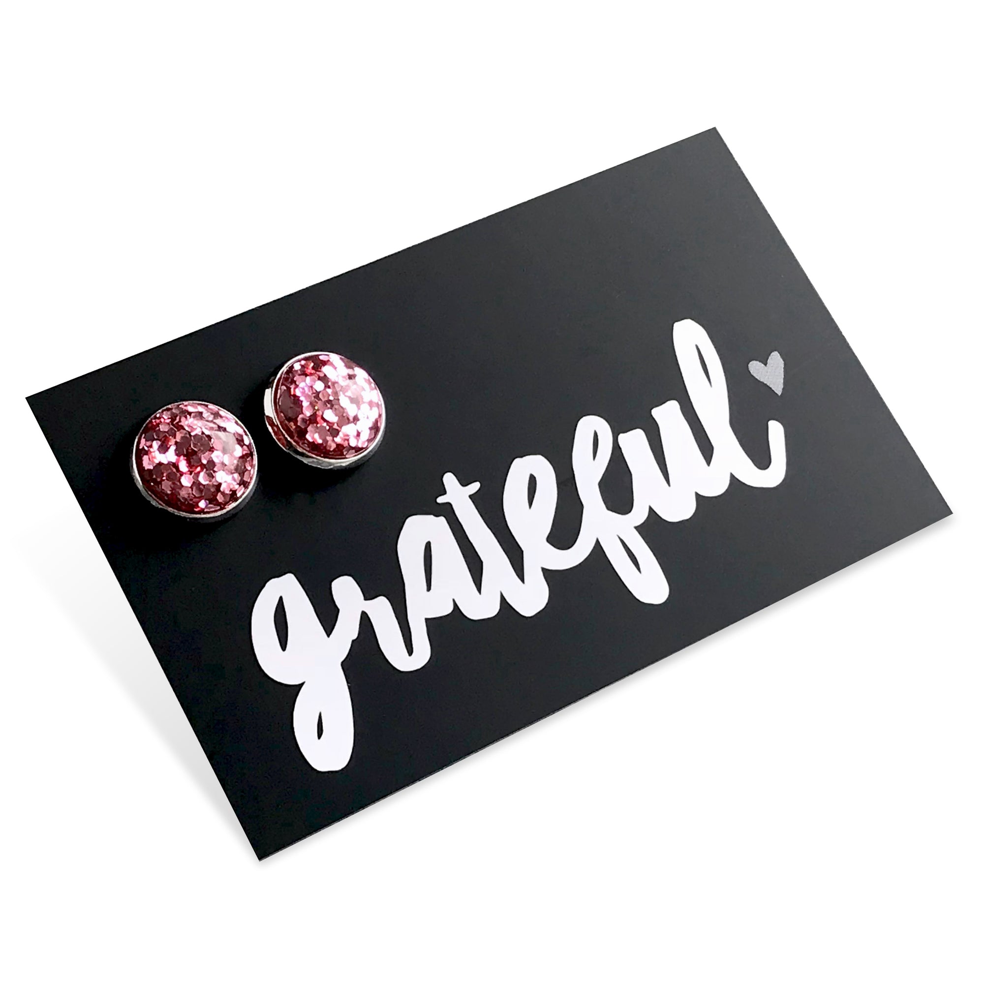 SPARKLEFEST - Grateful - Bright Silver 12mm Circle Studs - Pretty Pink Glitter (8901)