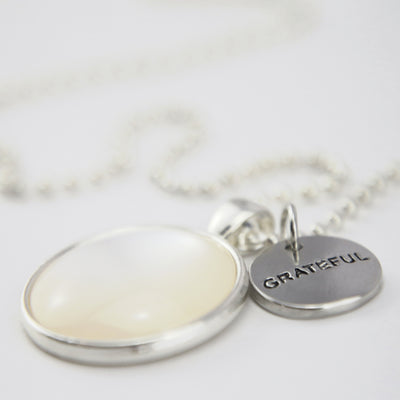 Black & Whites - Pearl & Bright Silver ' GRATEFUL ' Necklace - White Resin (11115)