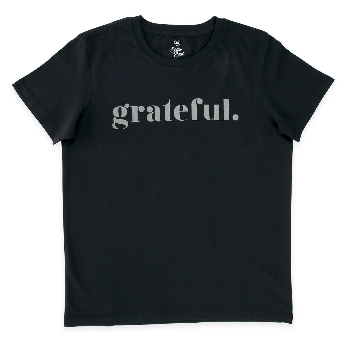 Black Boxy Shaped Womens Grateful T-shirt with charcoal shimmer print. 