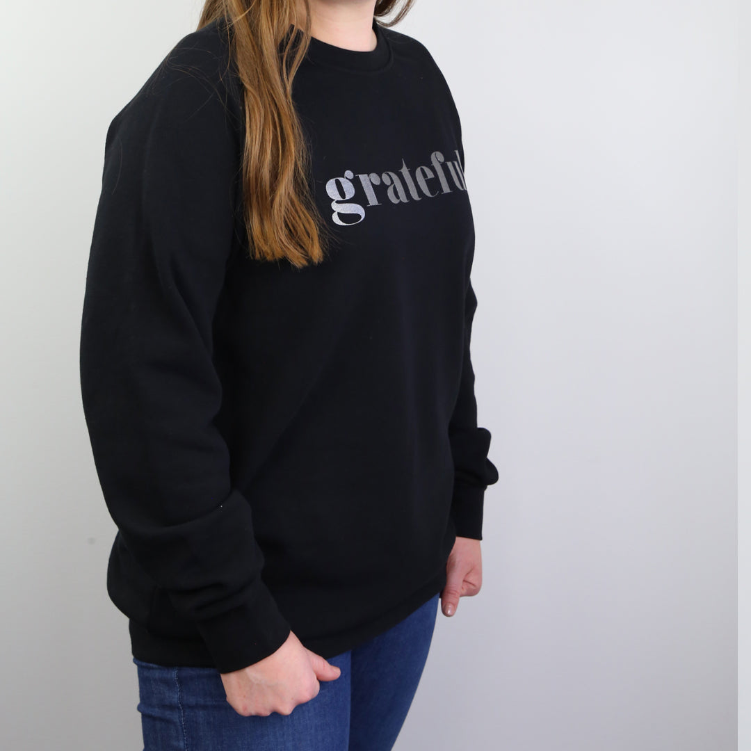 Grateful Crew Neck Jumper - Black - Charcoal Shimmer Print