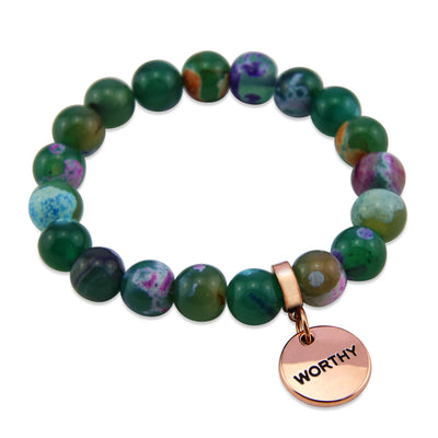 Stone Bracelet - Green Fire Agate 10mm Beads - with Rose Gold Word Charm