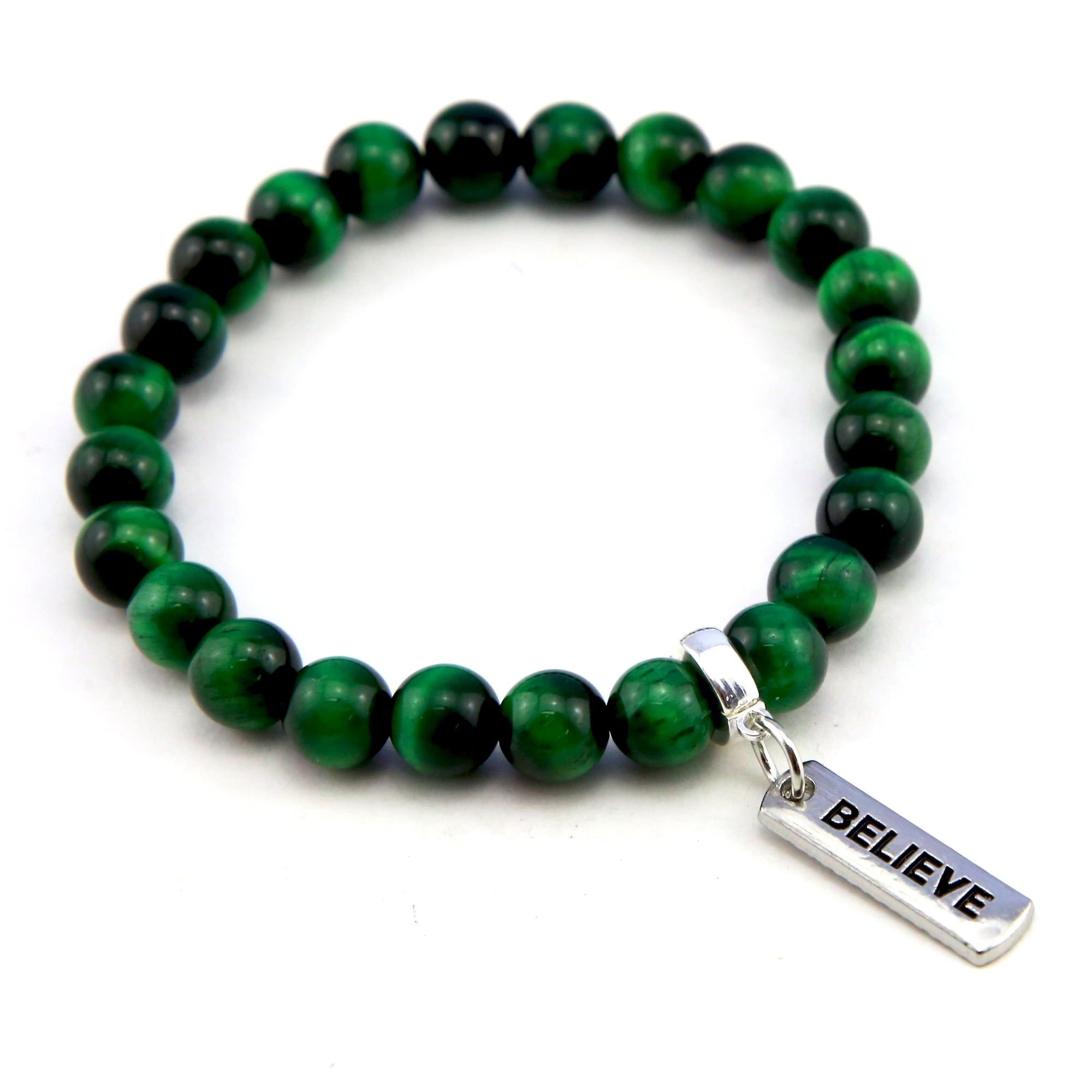 Green tigers eye bead bracelet 8mm sized beads with silver believe cute charm.