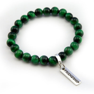Green tigers eye bead bracelet 8mm sized beads with silver friendship cute charm.