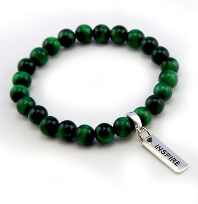 Green tigers eye bead bracelet 8mm sized beads with silver inspire cute charm.