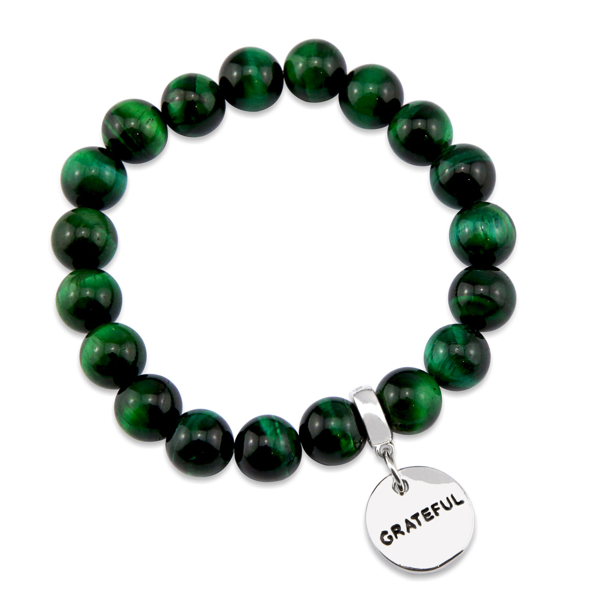 Precious Stone Bracelet - Green Tigers Eye 10mm Bead - with Silver Word Charms