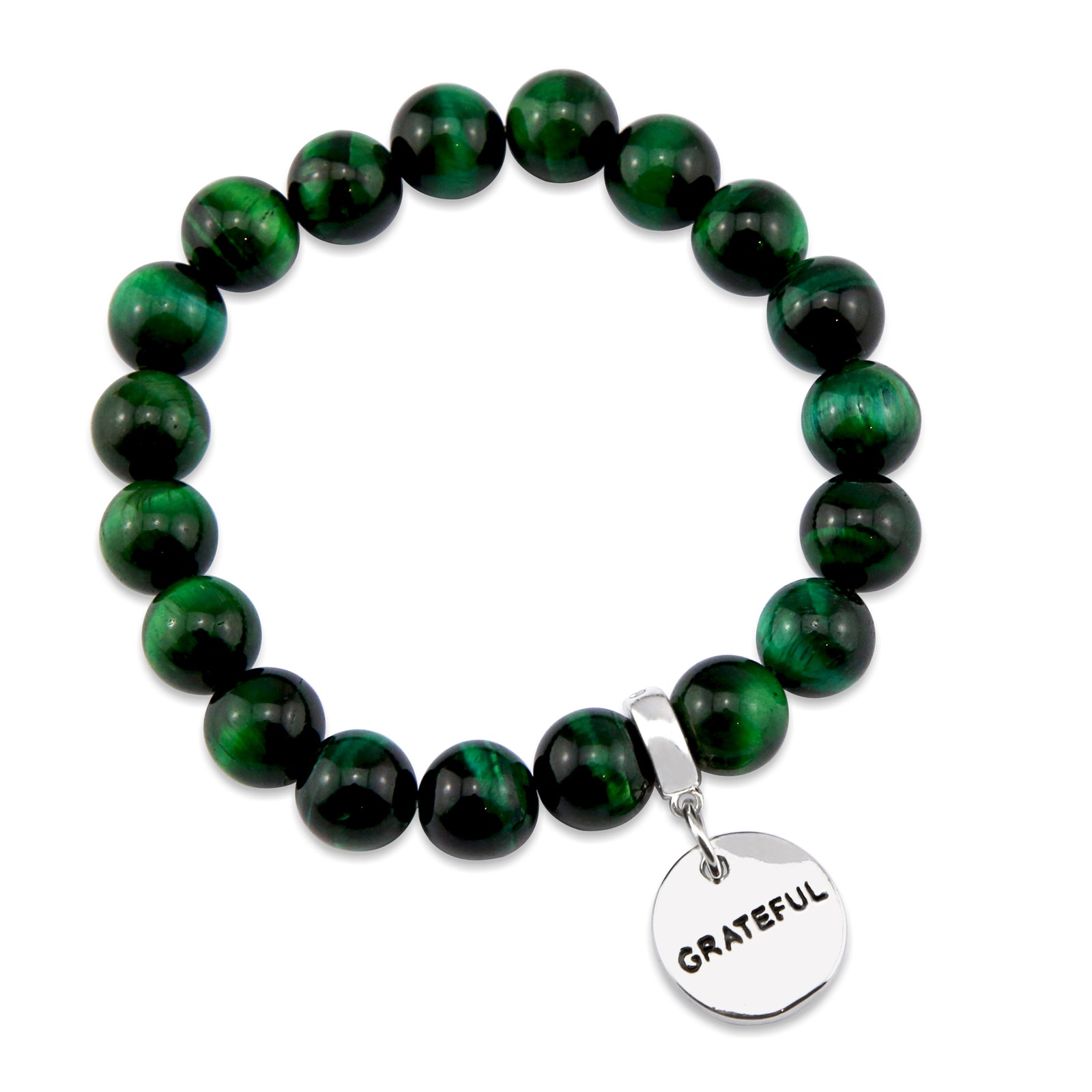 Precious Stone Bracelet - Green Tigers Eye 10mm Bead - with Silver Word Charms