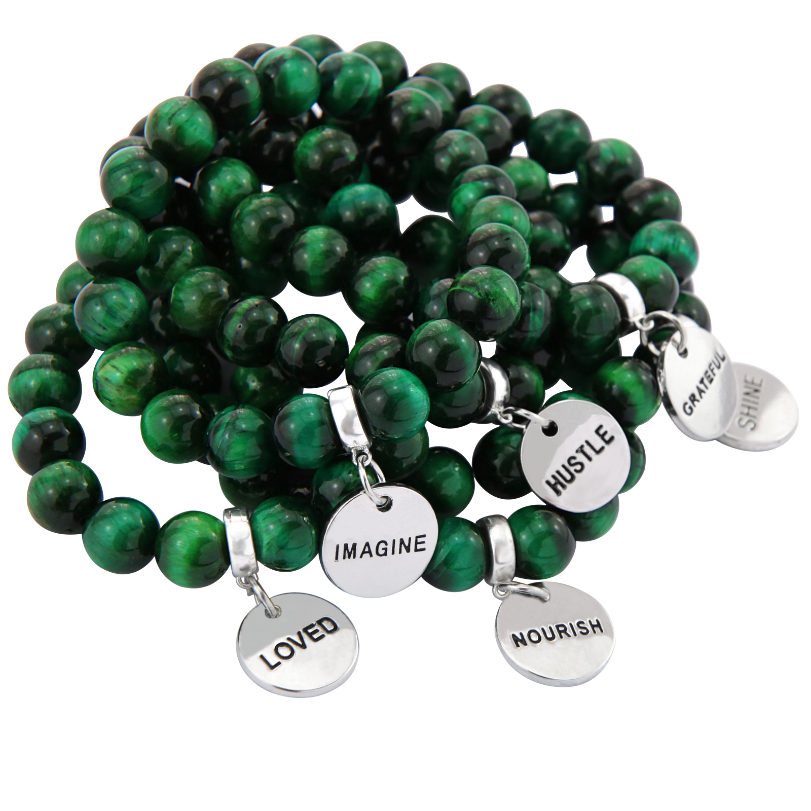 Precious Stone Bracelet - Green Tigers Eye 10mm Bead - with Silver Word Charms