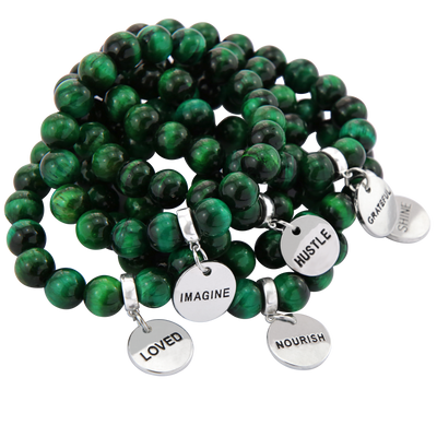 Precious Stone Bracelet - Green Tigers Eye 10mm Bead - with Silver Word Charms