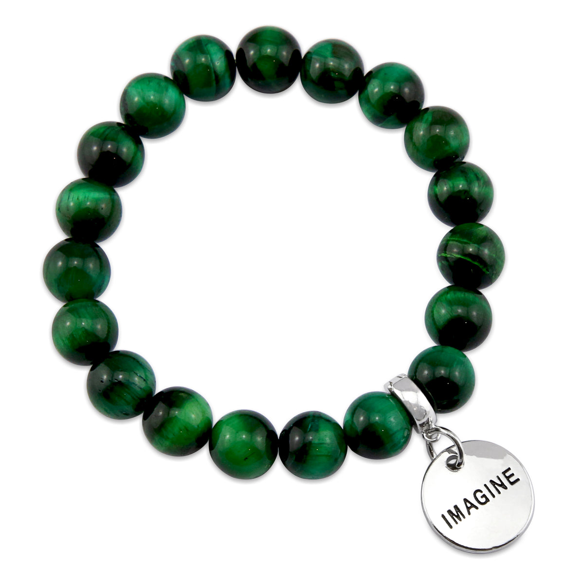 Precious Stone Bracelet - Green Tigers Eye 10mm Bead - with Silver Word Charms
