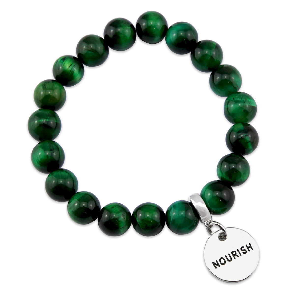 Precious Stone Bracelet - Green Tigers Eye 10mm Bead - with Silver Word Charms