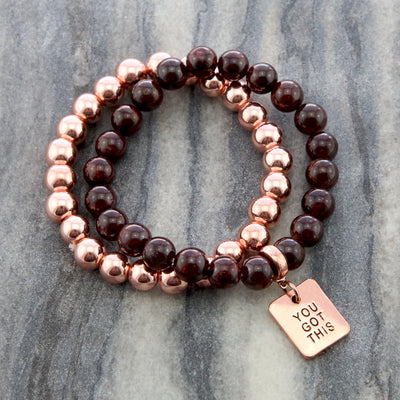 Bracelet Duo! Rose Gold & Garnet bead bracelet stacker set - YOU GOT THIS (10822)