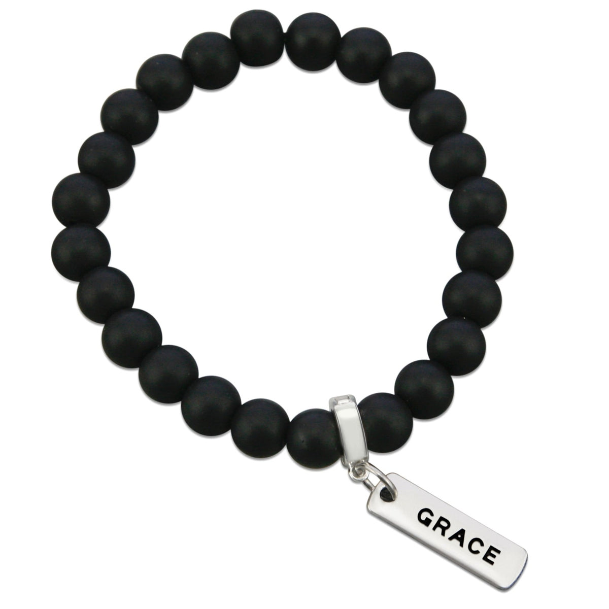 Black onyx stone bead bracelet with silver meaningful charm. 