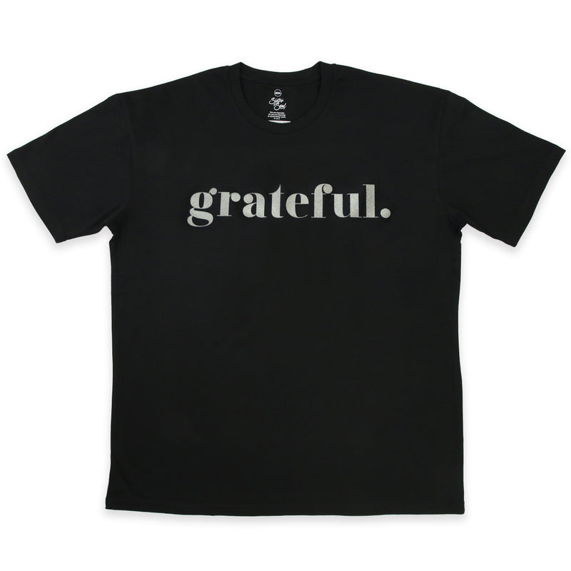 GRATEFUL - Plus Size Long Boxy Tee - Black with Charcoal Shimmer Print