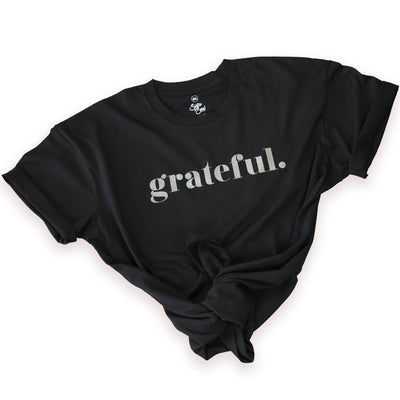 GRATEFUL - Plus Size Long Boxy Tee - Black with Charcoal Shimmer Print