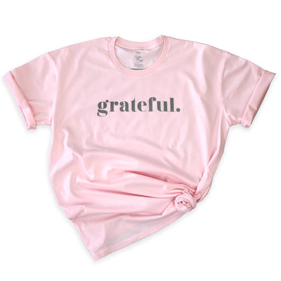 GRATEFUL -  Plus Size Long Boxy Tee - Pink with Charcoal Shimmer Print