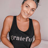 Black grateful tank top with charcoal shimmer print for women.
