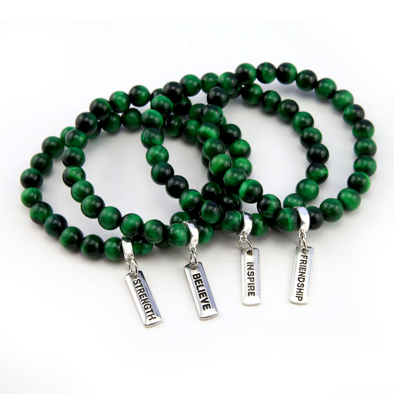 Green tigers eye bead bracelet 8mm sized beads with silver believe cute charm.