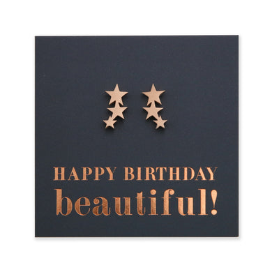 Rose Gold Hanging star earrings on Happy Birthday beautiful card