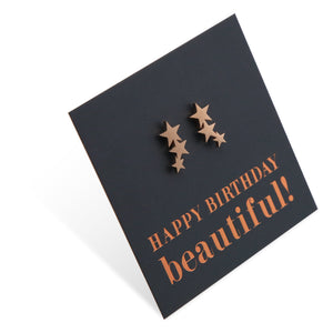 Rose Gold Hanging star earrings on Happy Birthday beautiful card