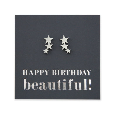 Silver Hanging star earrings on Happy Birthday beautiful card
