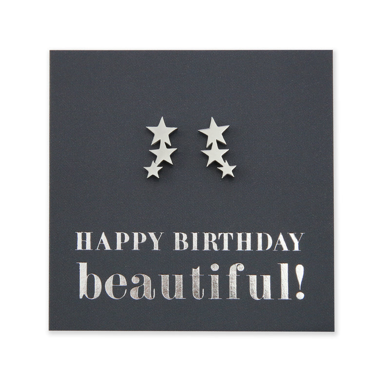 Silver and Rose Gold Hanging star earrings on Happy Birthday beautiful card