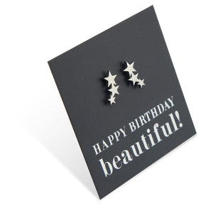 Silver Hanging star earrings on Happy Birthday beautiful card