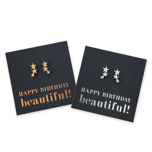 Silver and Rose Gold Hanging star earrings on Happy Birthday beautiful card