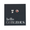 Sterling silver cat and paw with red enamel detail on hello gorgeous card.