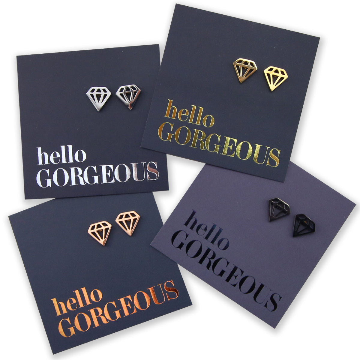 Stainless Steel Geo Diamond shape earrings. Hypoallergenic studs in Rose Gold, Silver, Black & Gold. Star shaped. Beautiful Gifts by Sister and Soul. Foil feature gift card Girl you are amazing.