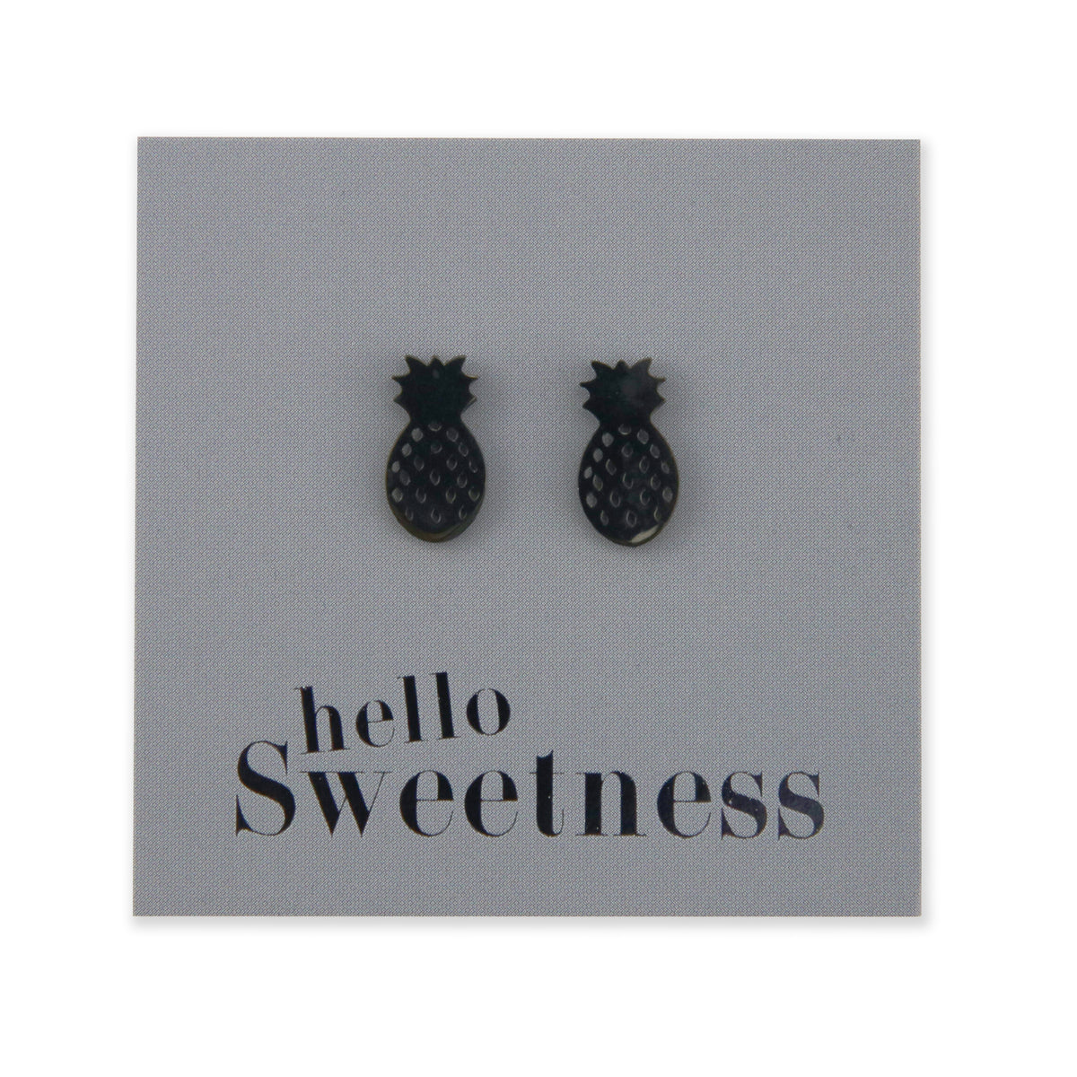black hypoallergenic stainless steel pineapple studs on foil hello sweetness